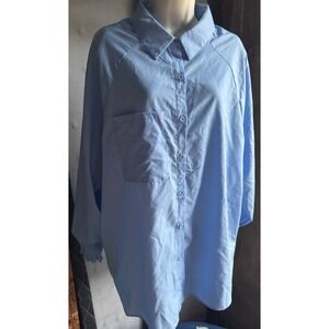 Lemafer Blue Button Down Shirt Raglan Sleeve Smocked Cuff Top 2XL NEW